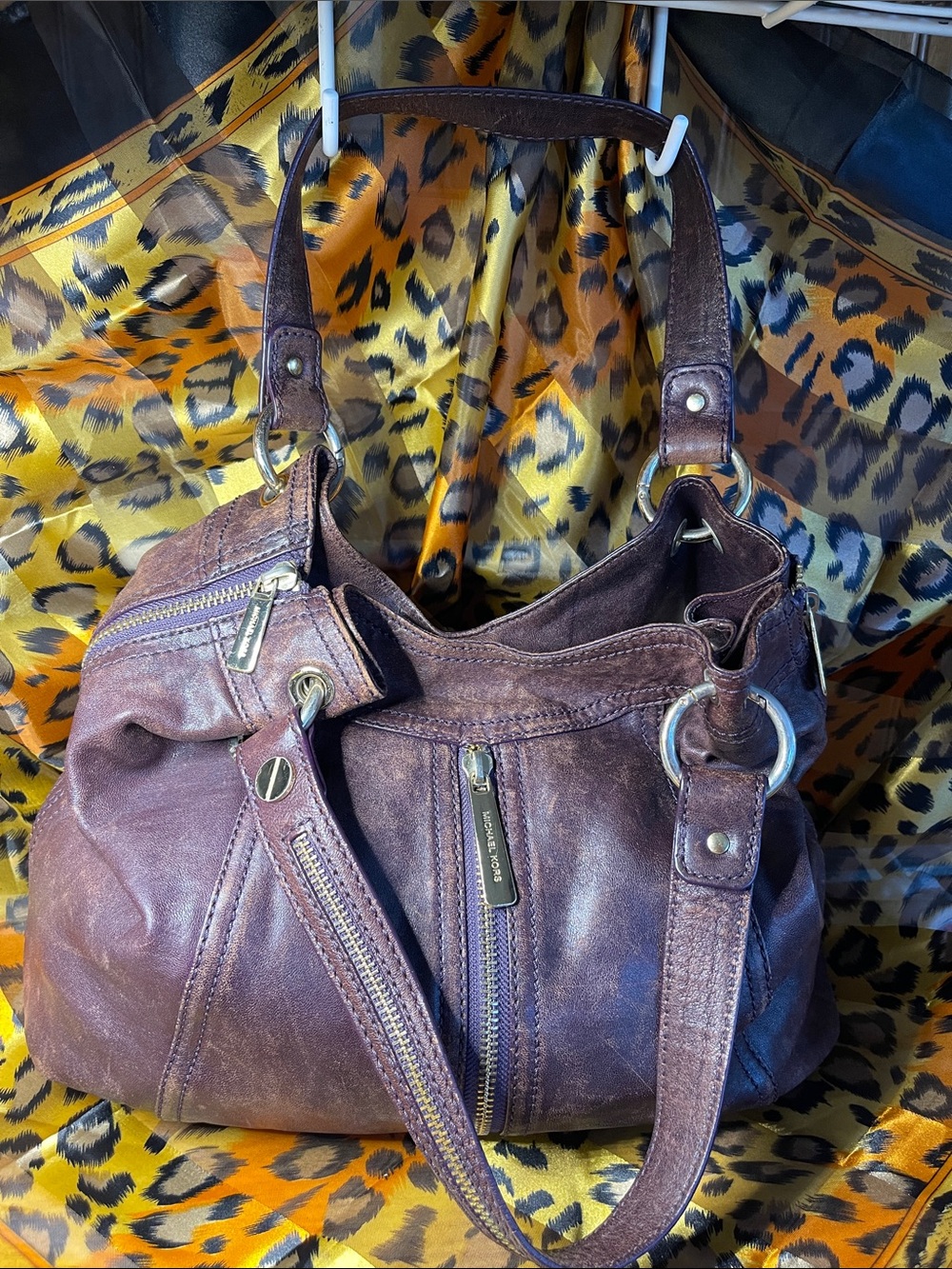 Leather Brown Shoulder Bag with Dual Zippers
